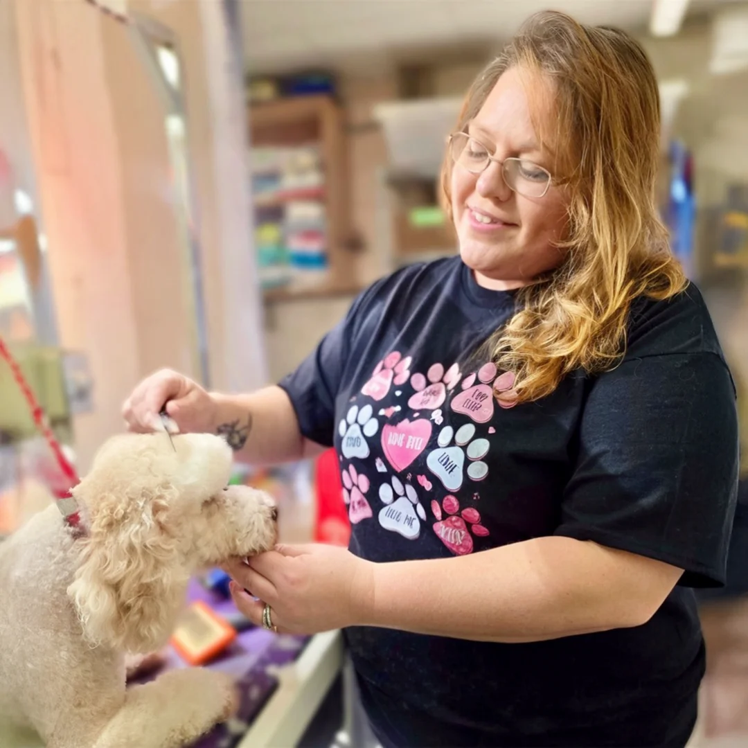 Jennifer West – Smiling woman grooming a white curly-haired dog in a pet salon.