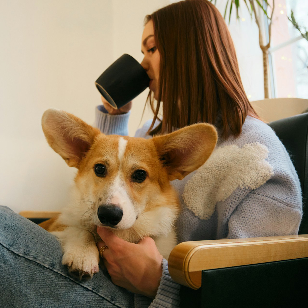 girl having coffee with dog